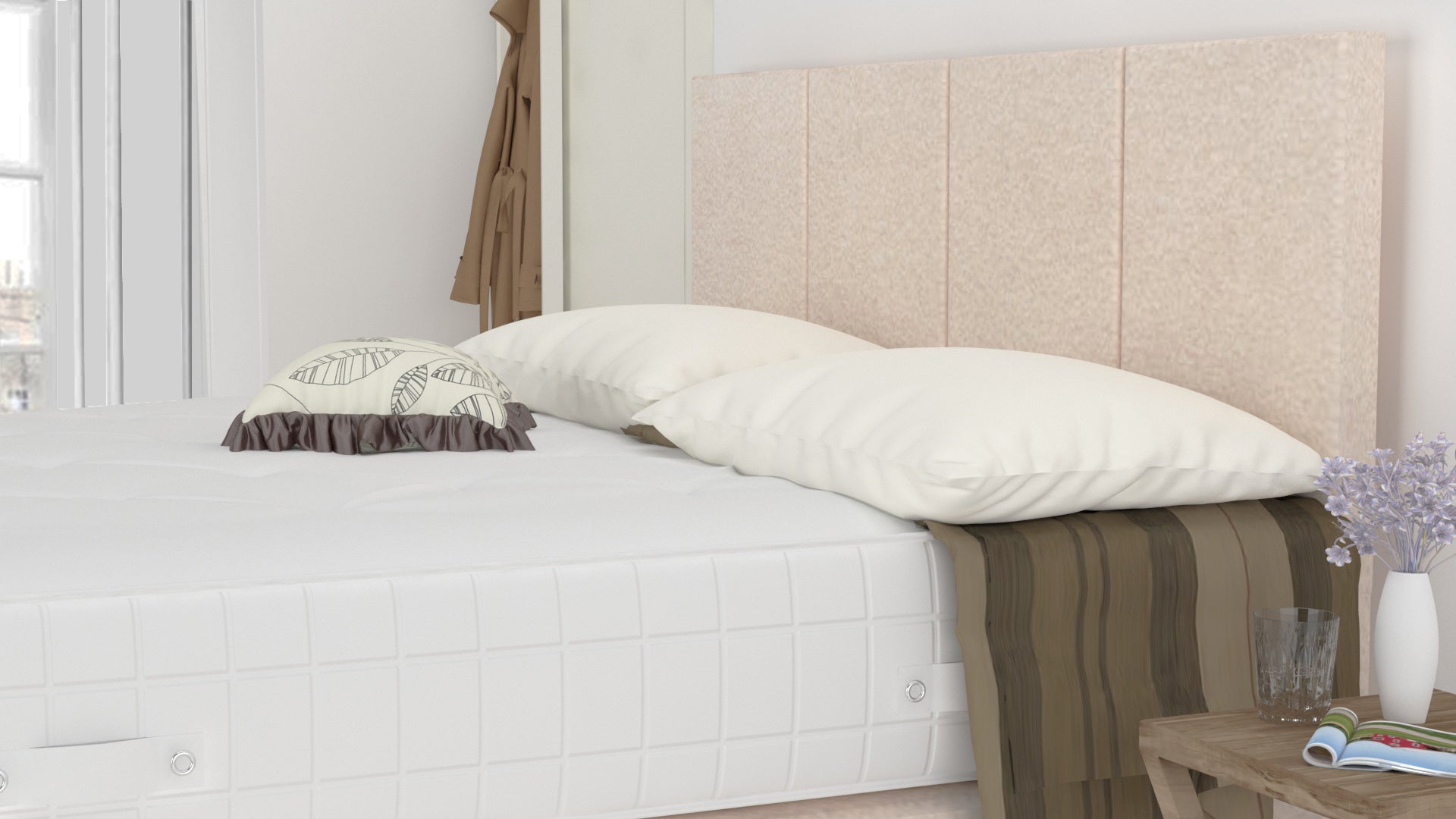 Cream Chanille 4FT 6" Divan Bed Set With 4 Panel Headboard (Included Feet) And Free Tinsel Top Mattress