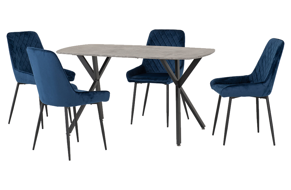 Athens Rectangular Dining Set with Avery Chairs Concrete Effect/Black/Sapphire Blue Velvet