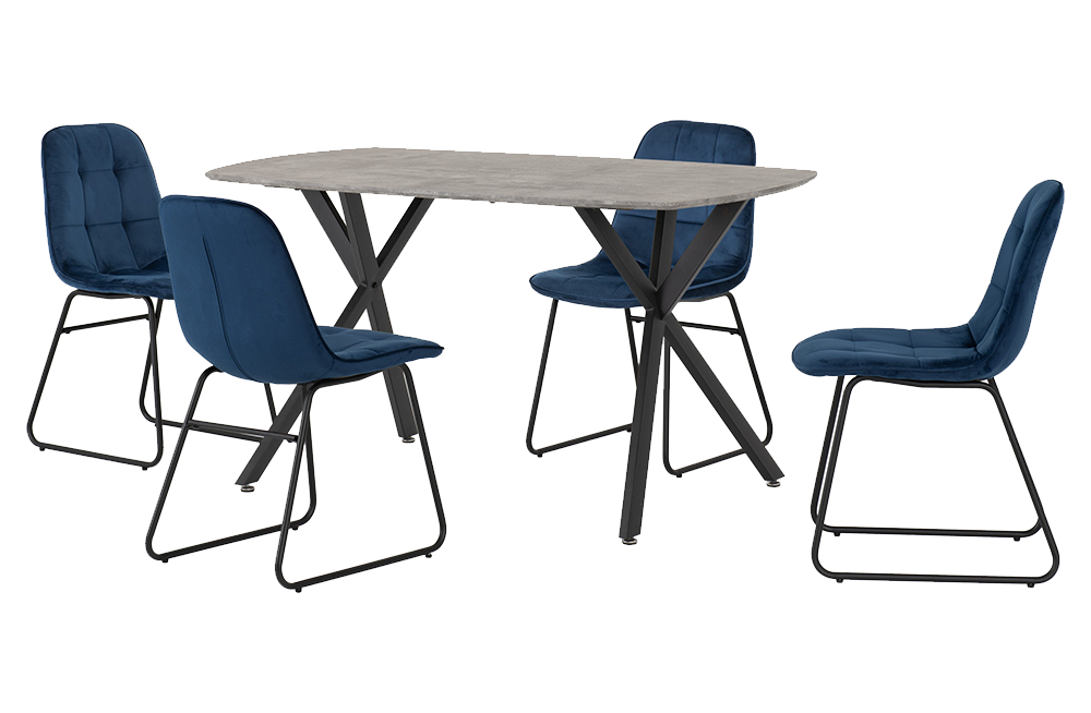 Athens Rectangular Dining Set with Lukas Chairs Concrete Effect/Black/Sapphire Blue Velvet
