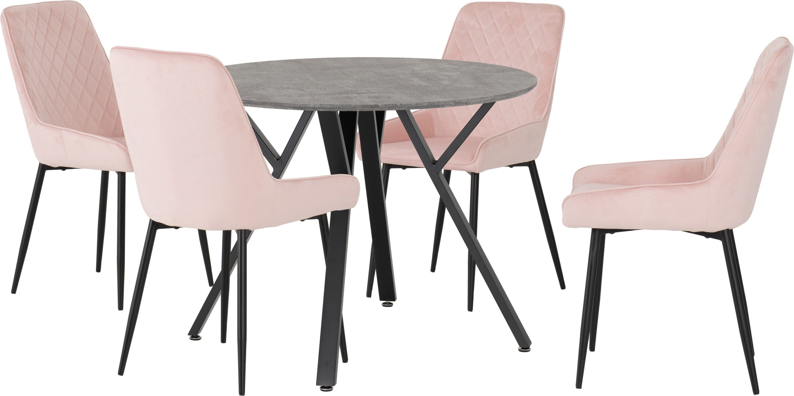 Athens Round Dining Set with Avery Chairs Concrete Effect/Black/Baby Pink Velvet