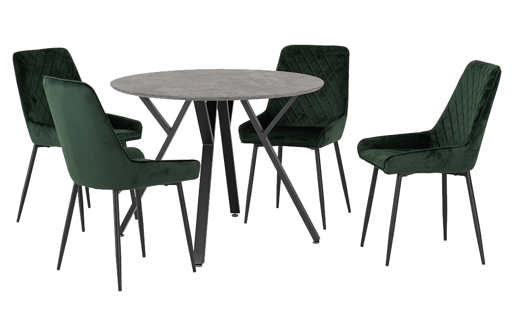 Athens Round Dining Set with Avery Chairs Concrete Effect/Black/Emerald Green Velvet