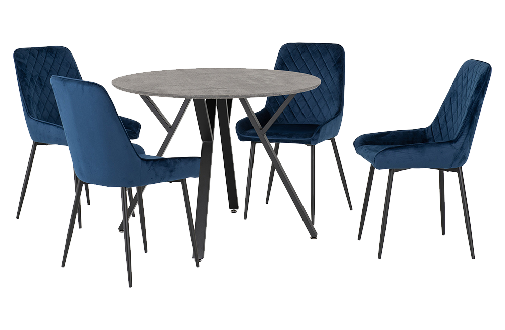Athens Round Dining Set with Avery Chairs Concrete Effect/Black/Sapphire Blue Velvet