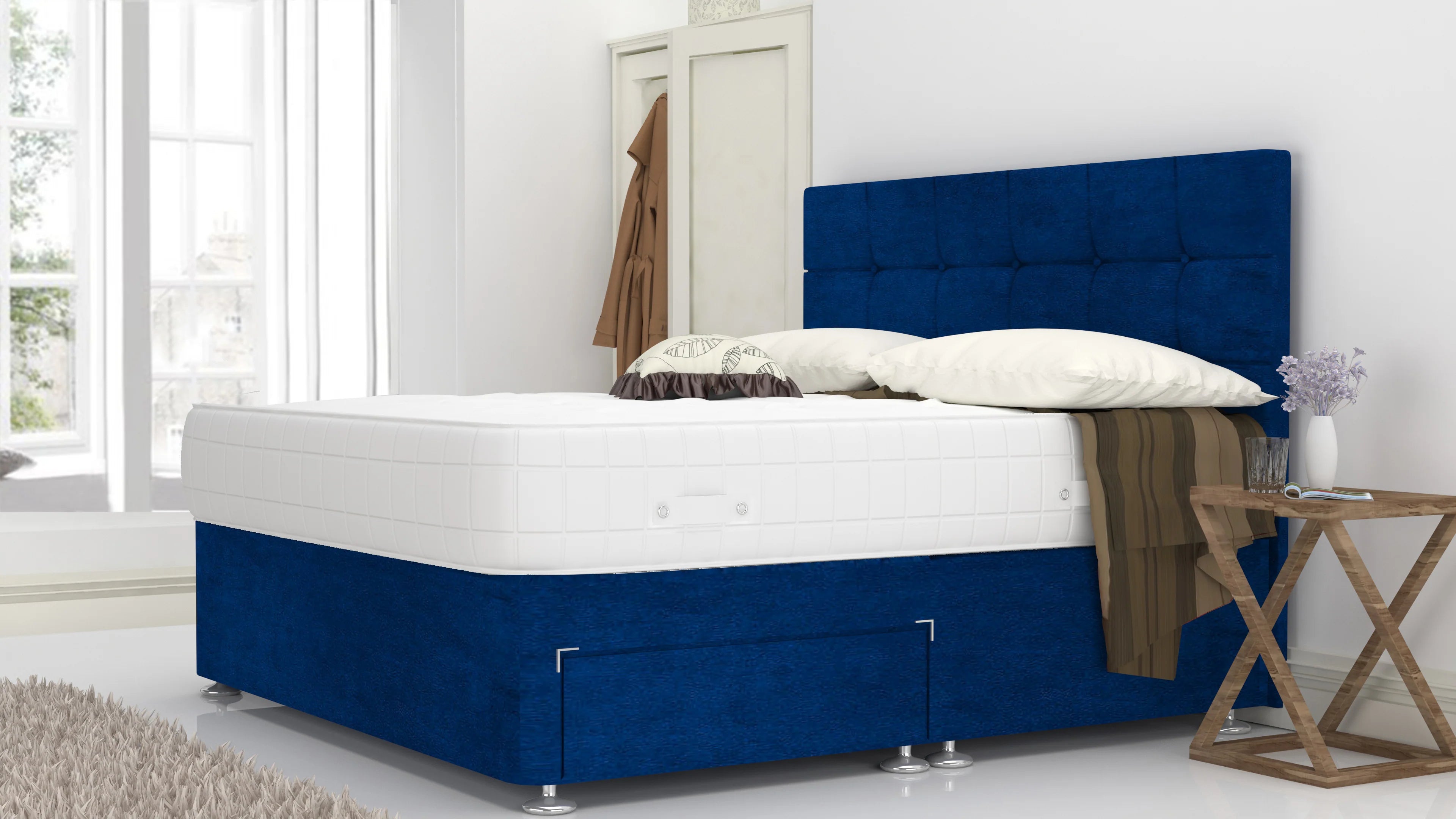 Blue Plush 3 Feet Divan Bed Set With Cube Headboard (Included Feet) And Free Orthopedic Mattress