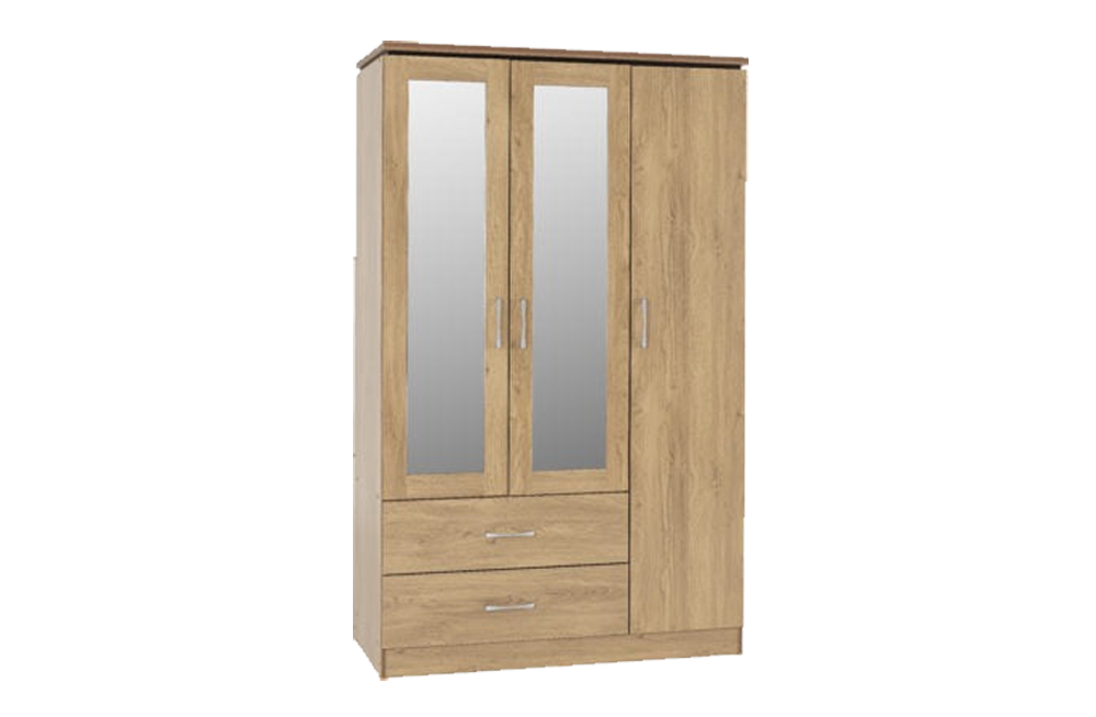 Charles 3 Door 2 Drawer Mirrored Wardrobe - Oak Effect Veneer with Walnut Trim