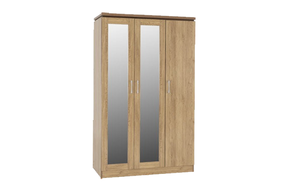 Charles 3 Door All Hanging Mirrored Wardrobe - Oak Effect Veneer with Walnut Trim