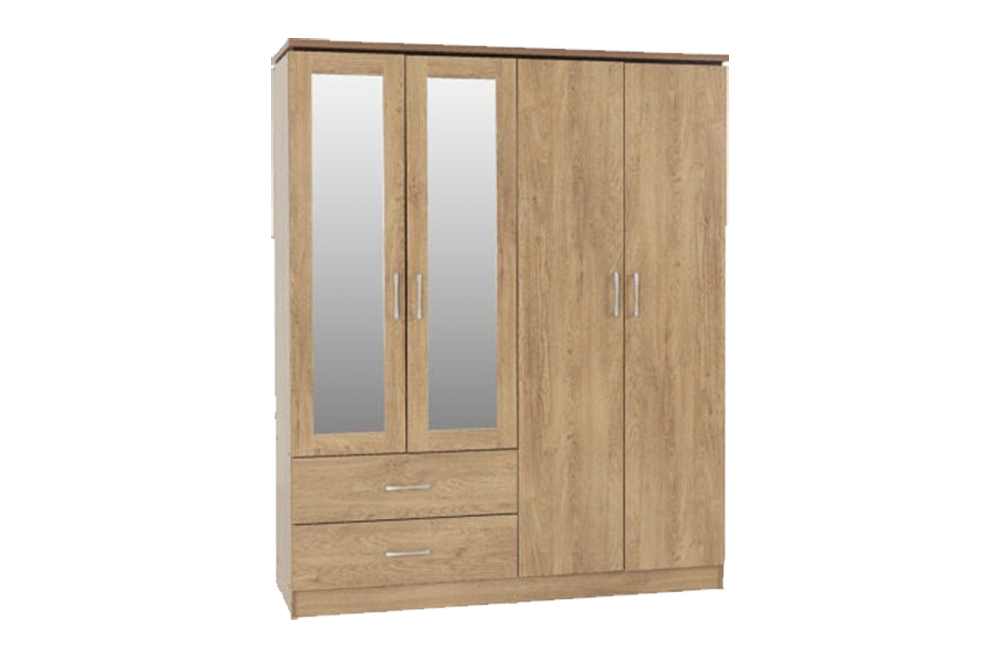 Charles 4 Door 2 Drawer Mirrored Wardrobe - Oak Effect Veneer with Walnut Trim