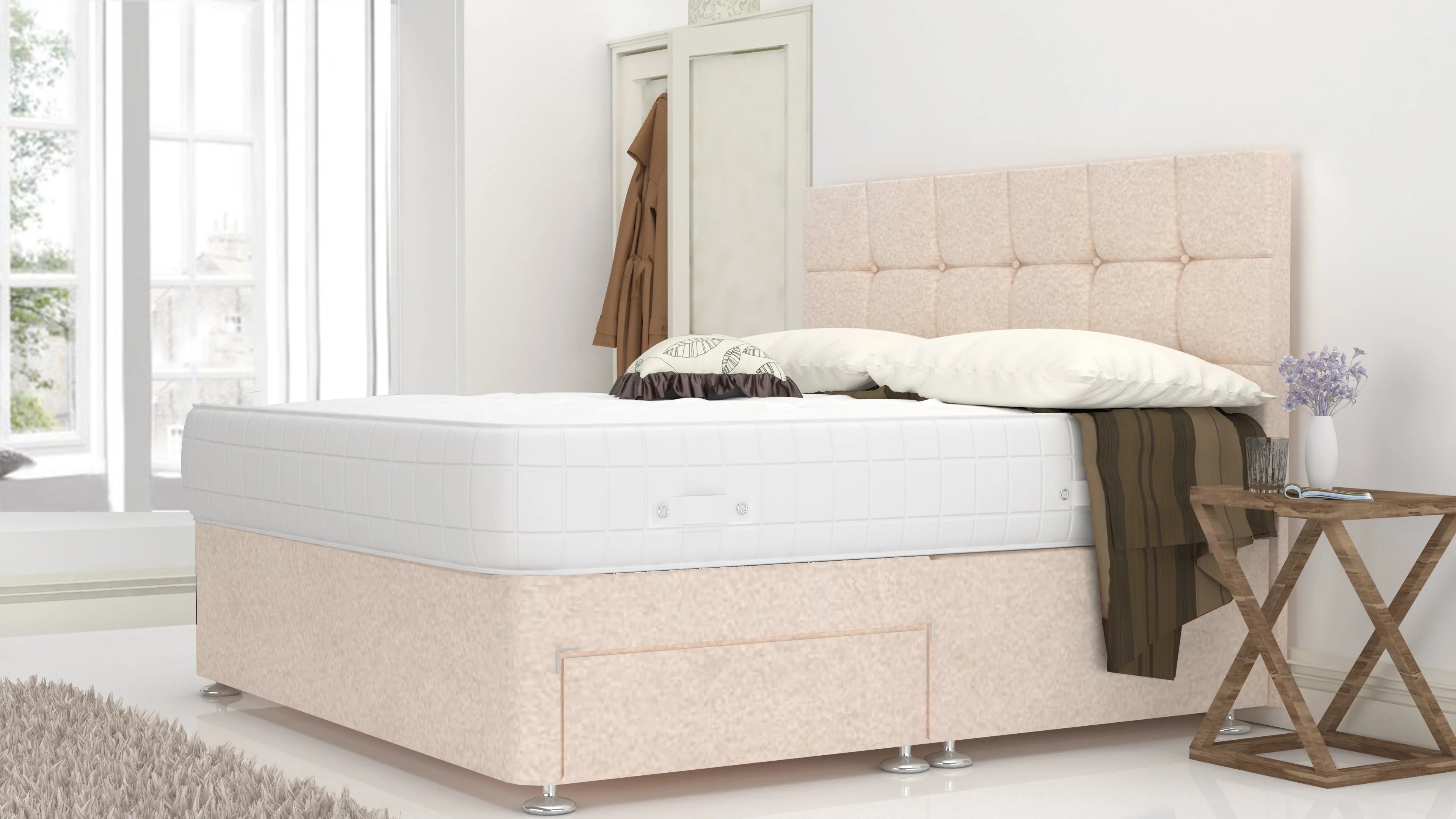 Cream Chanille 6 Feet Divan Bed Set With 4 Panel Headboard (Included Feet) And Free Tinsel Top Mattress