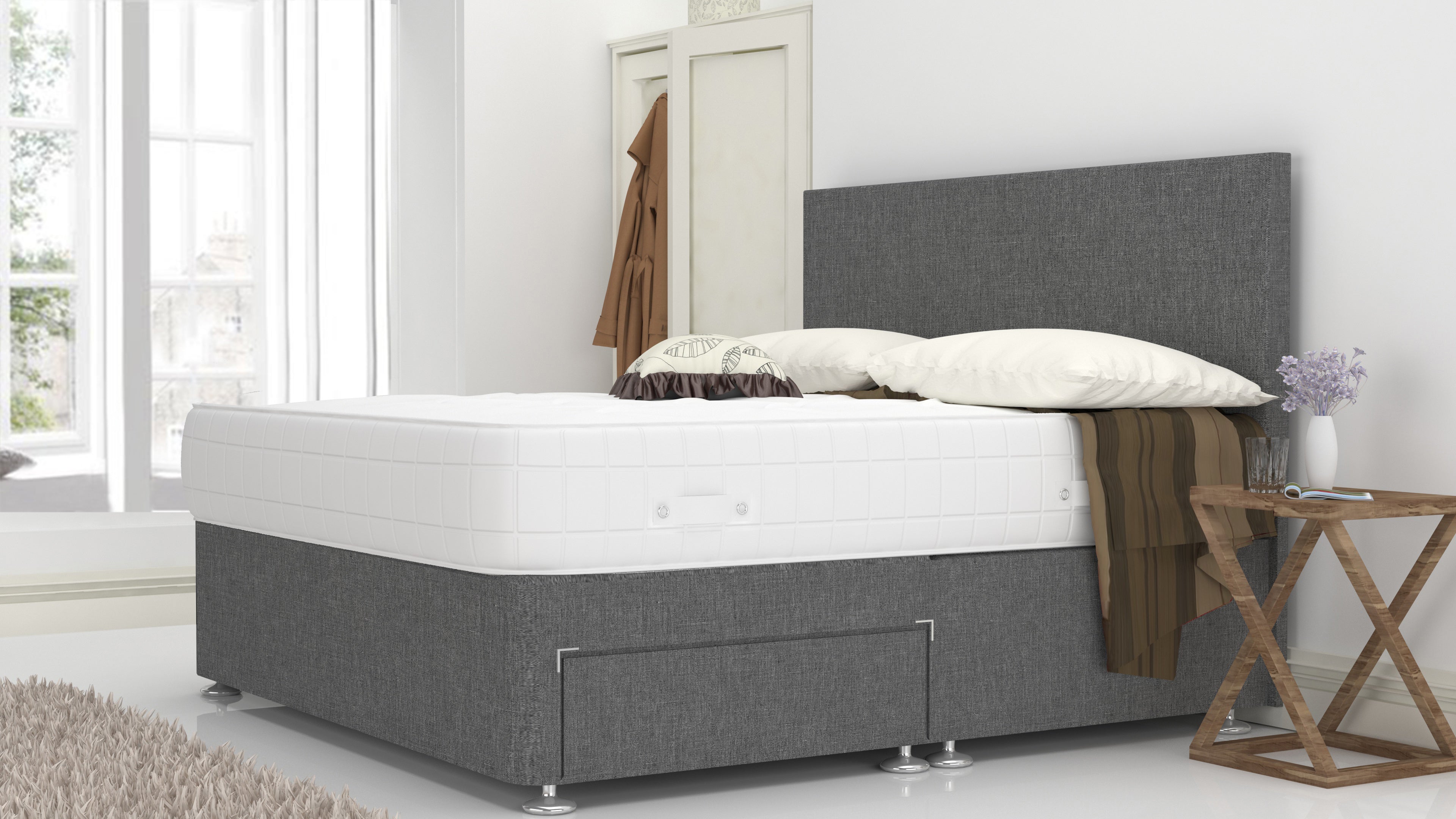 Grey Linen 5 Feet Divan Bed Set With Plain Headboard (Included Feet) And Free Memory Foam Mattress