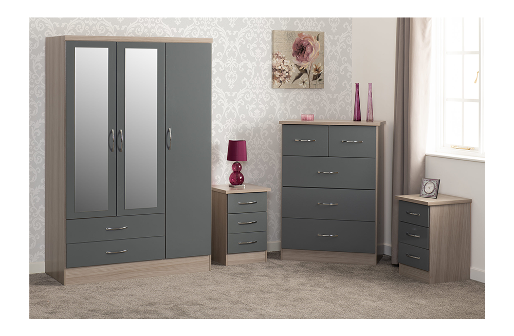 Nevada 3 Door 2 Drawer Mirrored Wardrobe Bedroom Set Grey Gloss/Light Oak Effect Veneer