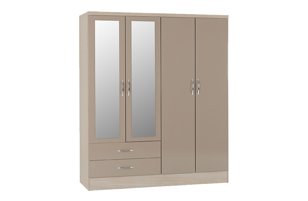 Nevada 4 Door 2 Drawer Mirrored Wardrobe - Oyster Gloss/Light Oak Effect Veneer