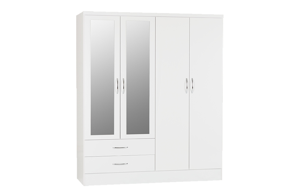 Nevada 4 Door 2 Drawer Mirrored Wardrobe - White Gloss - furnishopuk