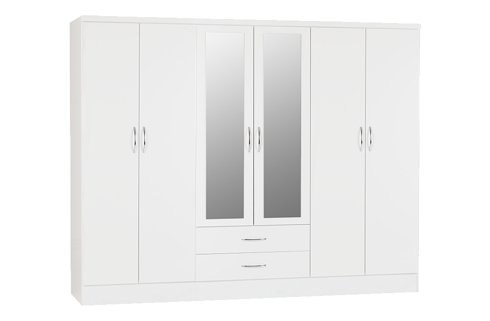 Nevada 6 Door 2 Drawer Mirrored Wardrobe White Gloss