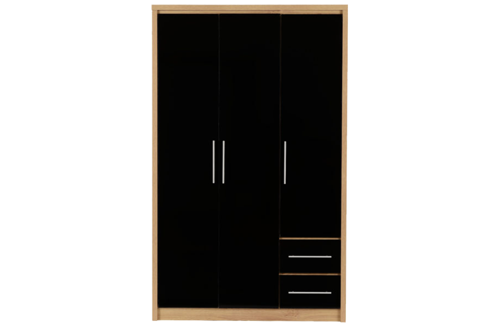 Seville 3 Door 2 Drawer Wardrobe - Black High Gloss/Light Oak Effect Veneer