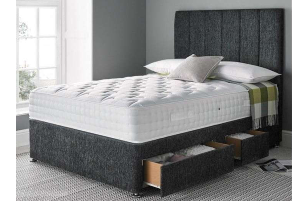 Charcoal Chenille Divan Bed Set With 6 Panel Headboard And Free Super Orthopedic Mattress Free UK Delivery