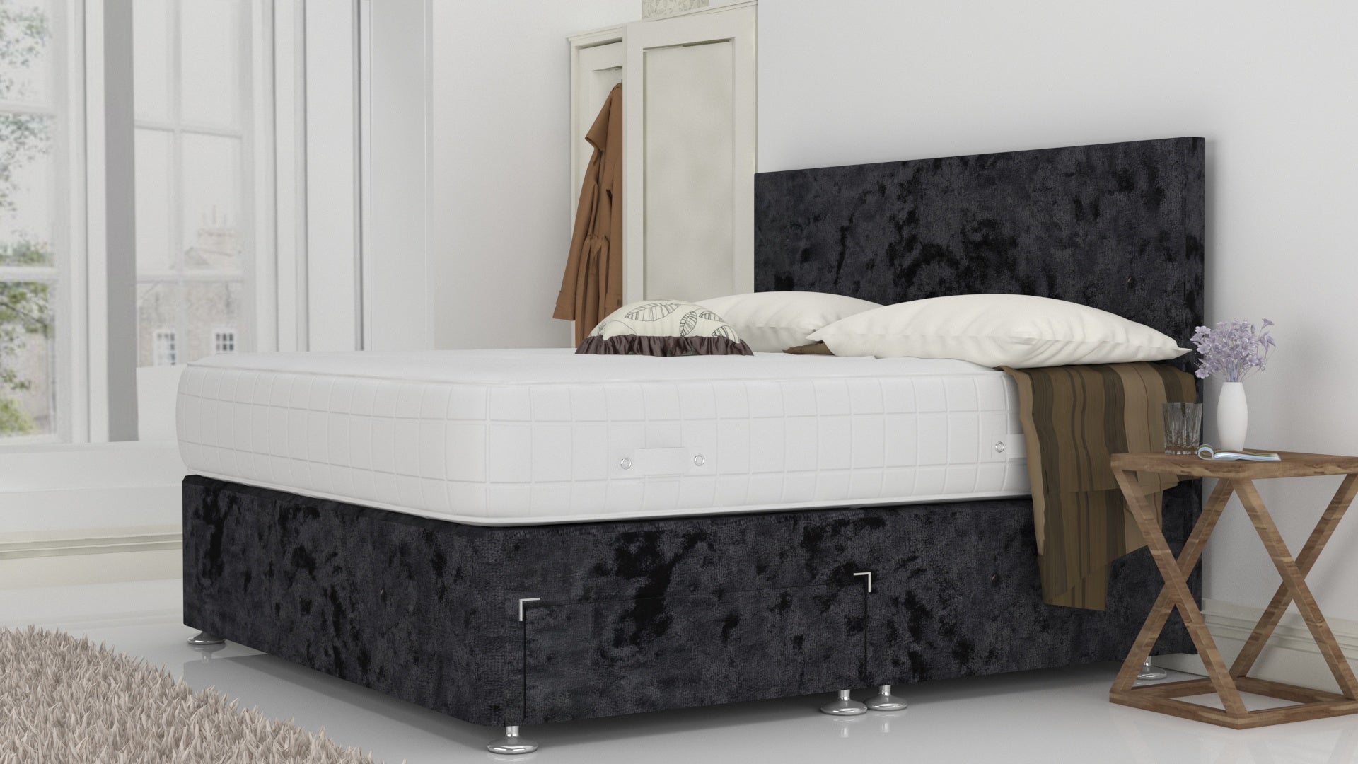 Black Crushed 4FT 6" Divan Bed Set With Plain Headboard (Included Feet) And Free Memory Foam Mattress