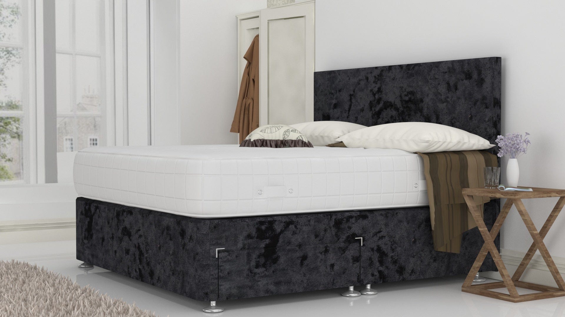Black Crushed 3 Feet Divan Bed Set With Plain Headboard (Included Feet) And Free Memory Foam Mattress