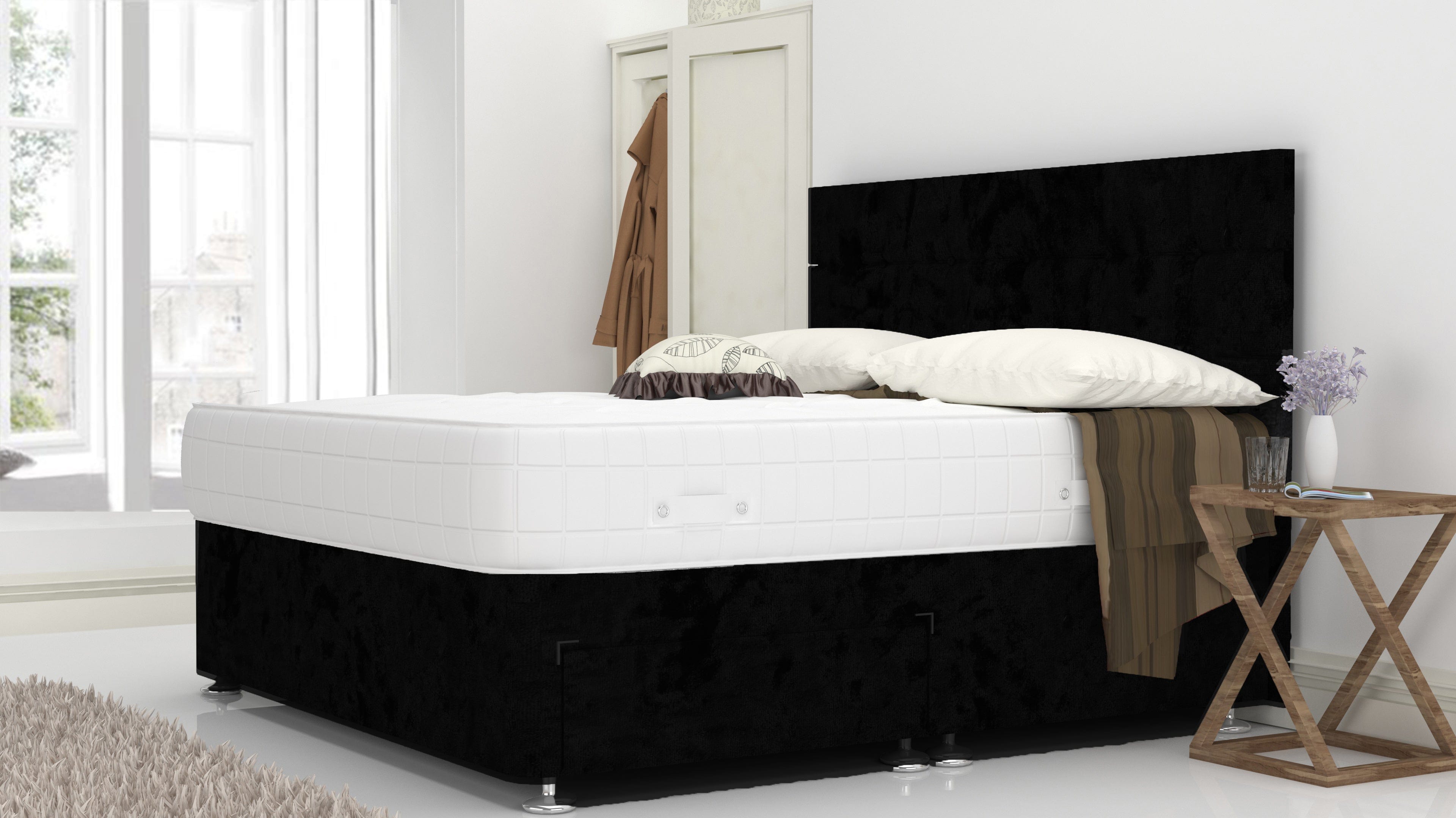 Black Crushed 3 Feet Divan Bed Set With Cube Headboard (Included Feet) And Free Orthopedic Mattress