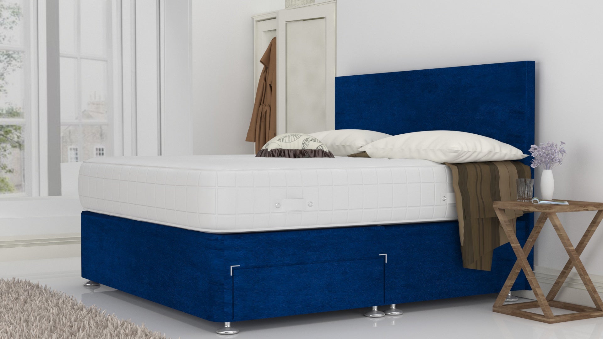 Blue Plush 5 Feet Divan Bed Set with Plain Headboard Option (Included Feet) And Free Memory Foam Mattress