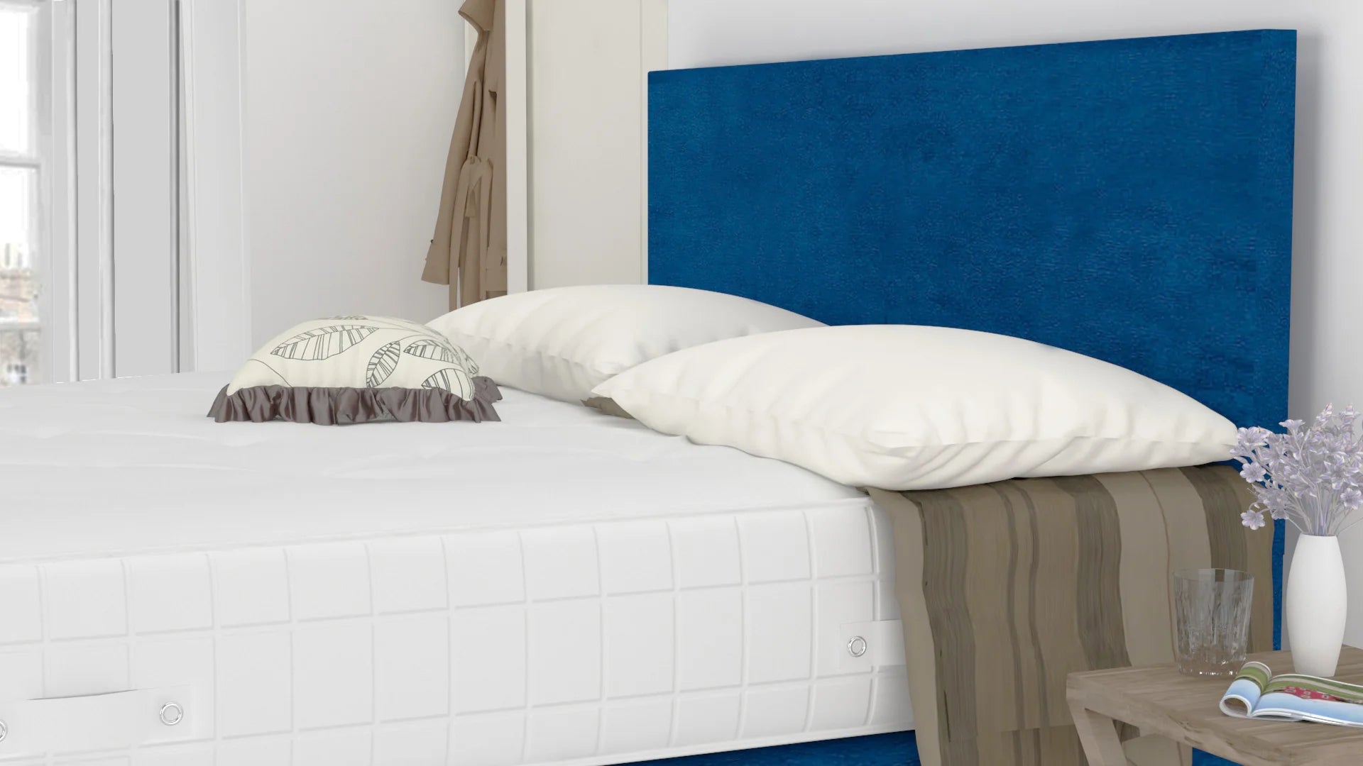 Blue Plush 3 Feet Divan Bed Set with Plain Headboard  (Included Feet) Option And Free Memory Foam Mattress