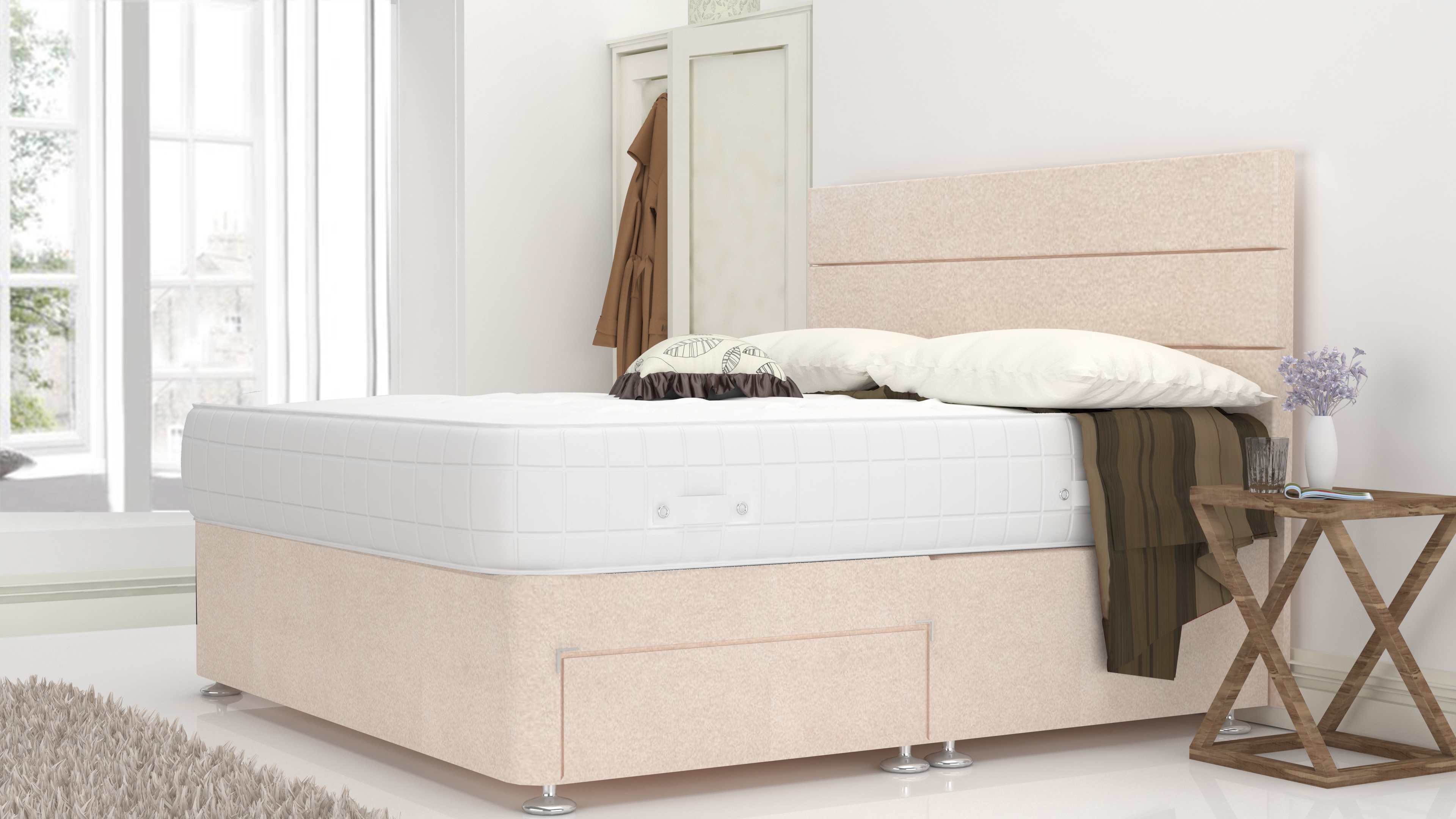 Cream Chanille Divan Bed Set With Pillow Top Mattress